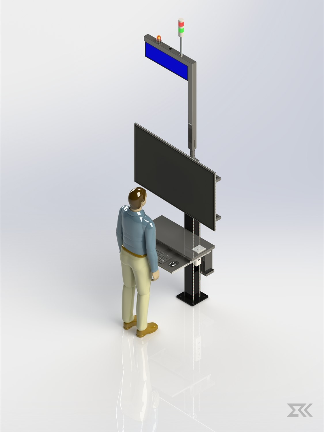 Line-side status board designed by ERK: a pole-mounted display and stack light read by an operator