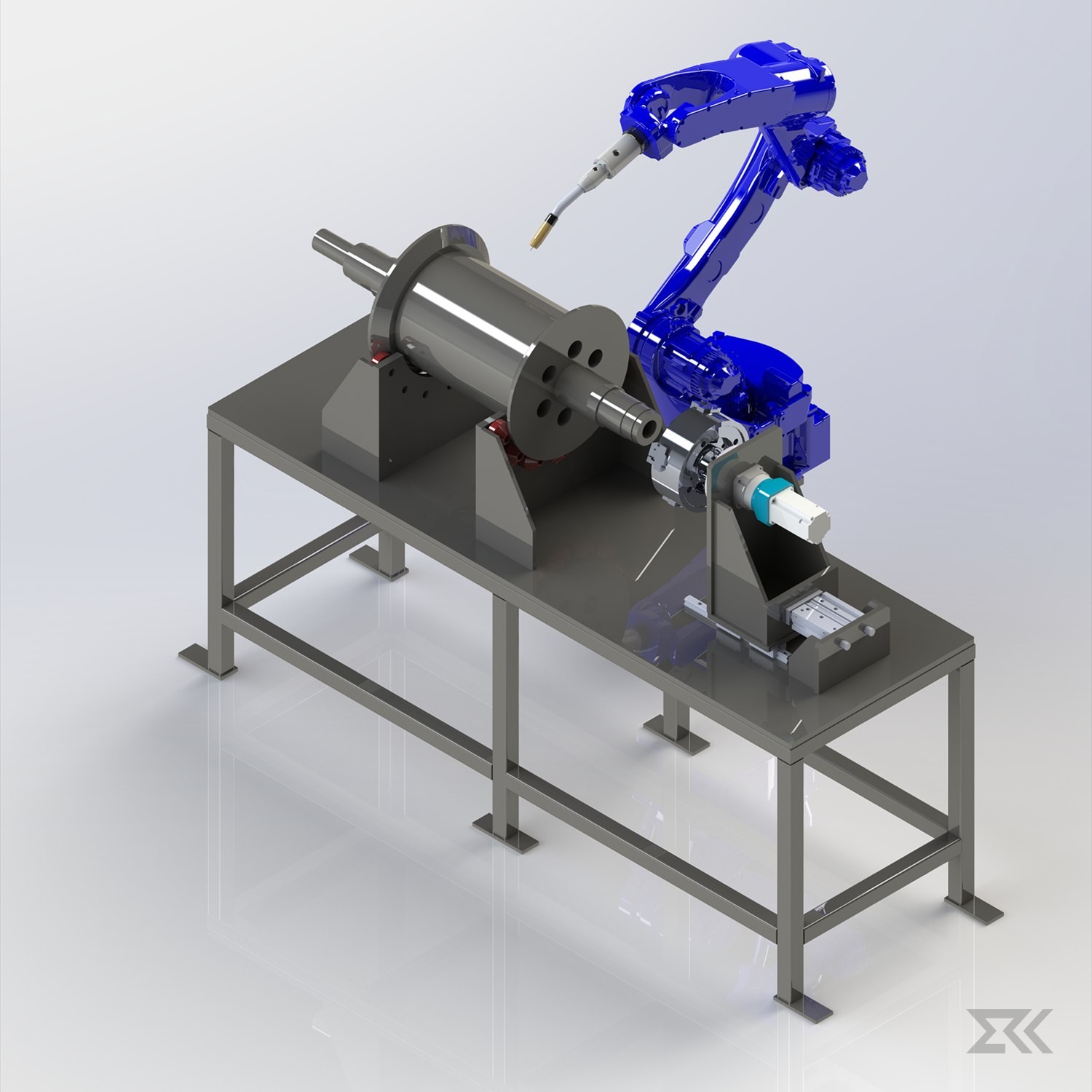 Robotic welding system designed by ERK: a six-axis arm welding a cylindrical part on a rotary positioner
